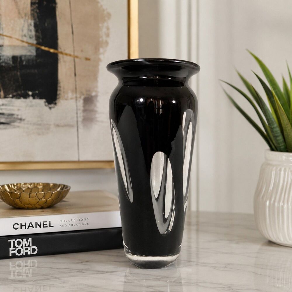 Rare Murano Black Cased Art Glass Vase Hand Blown Italian MCM Finestre 10 Inch